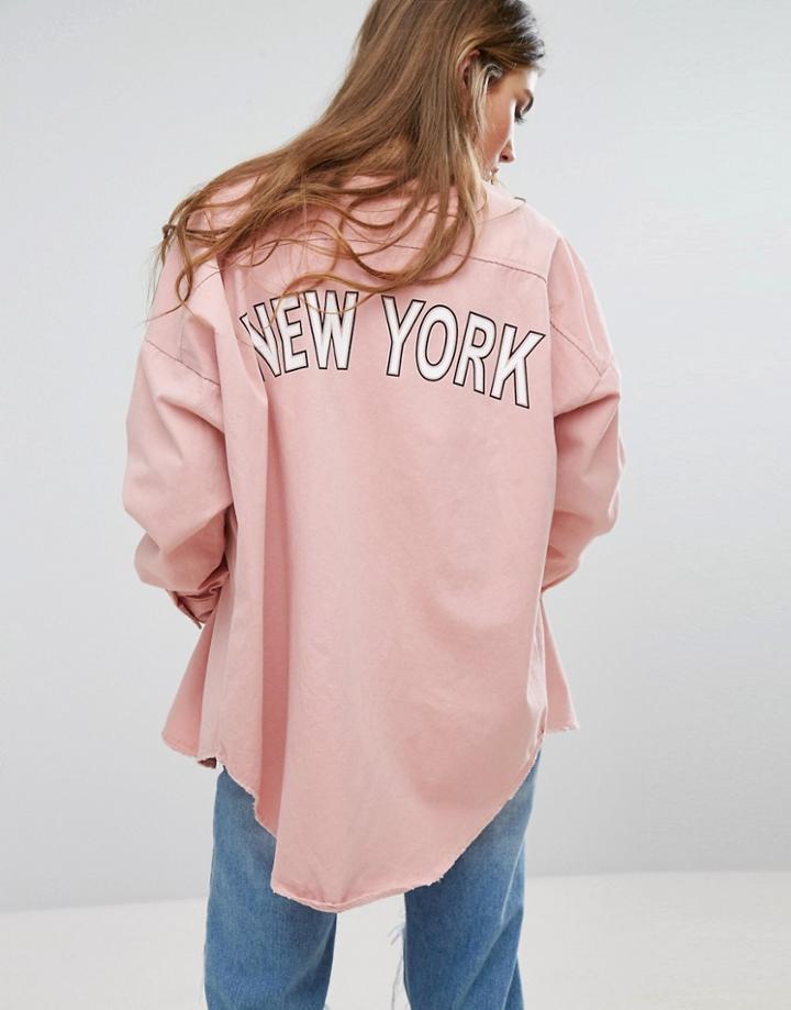 Missguided Slogan Back Oversized Denim Shirt - Pink