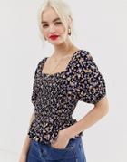 New Look Shell Top With Peplum In Ditsy Floral Print - Black