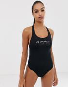 Asos 4505 Swimsuit With Contrast Mesh Back In Recycled Polyester-black