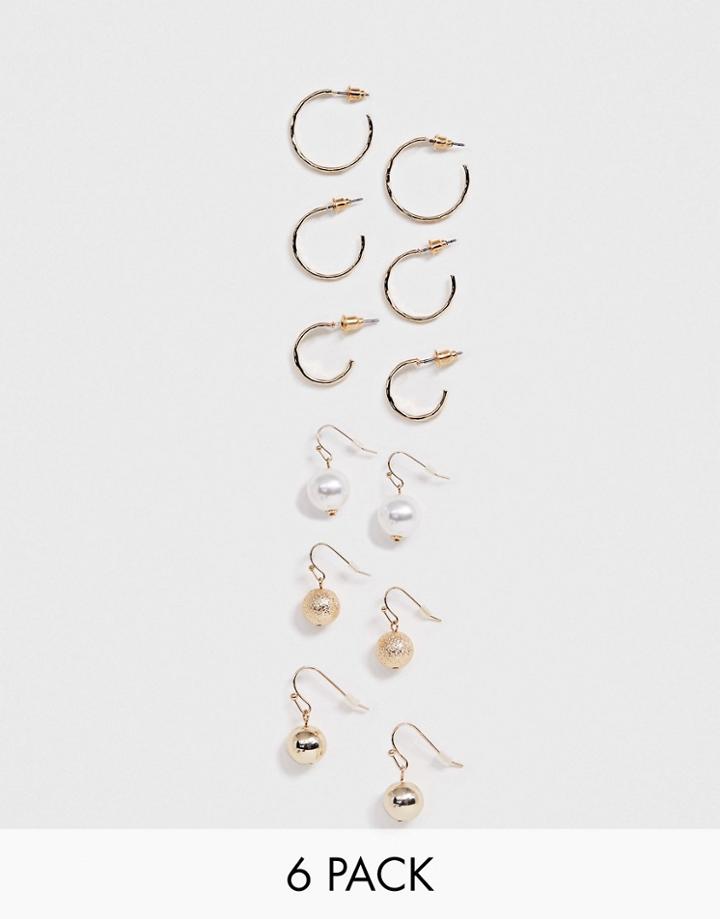 Asos Design Pack Of 6 Earrings With Hammered Hoops And Pearl Ball Drops In Gold Tone - Gold