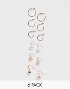 Asos Design Pack Of 6 Earrings With Hammered Hoops And Pearl Ball Drops In Gold Tone - Gold