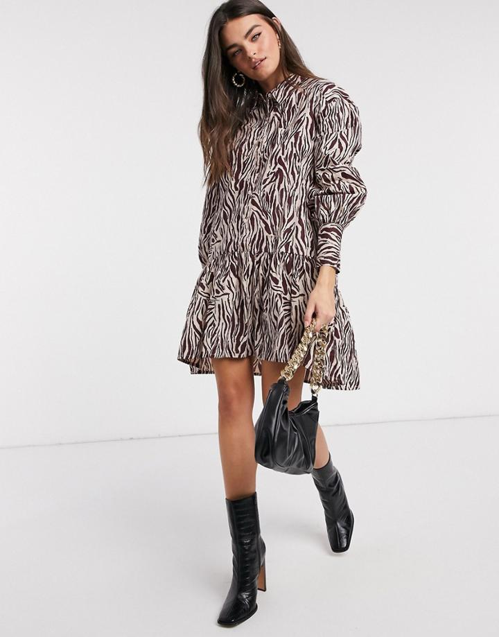 Neon Rose Mini Smock Dress With Drop Waist In Tonal Zebra-white