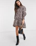 Neon Rose Mini Smock Dress With Drop Waist In Tonal Zebra-white