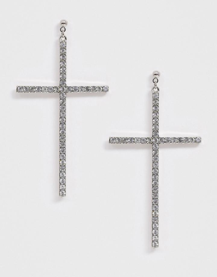Asos Design Drop Earrings In Oversized Cross Design With Crystals In Silver Tone