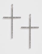 Asos Design Drop Earrings In Oversized Cross Design With Crystals In Silver Tone