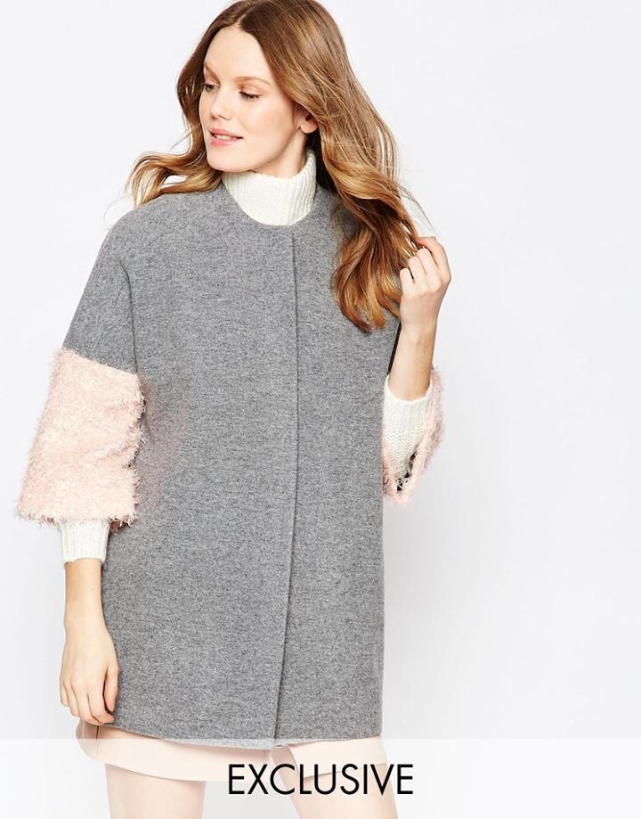 Helene Berman Kimono Coat In Gray With Pink Fluffy Sleeve