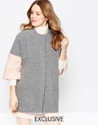Helene Berman Kimono Coat In Gray With Pink Fluffy Sleeve