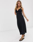 Asos Design Knot Front Linen Maxi Dress With Tie Back-black