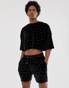 Asos Design Two-piece Oversized Cropped T-shirt In Velour With All Over Embellished Gems - Black