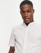 Asos Design Regular Smart Linen Shirt With Mandarin Collar In Pale Gray