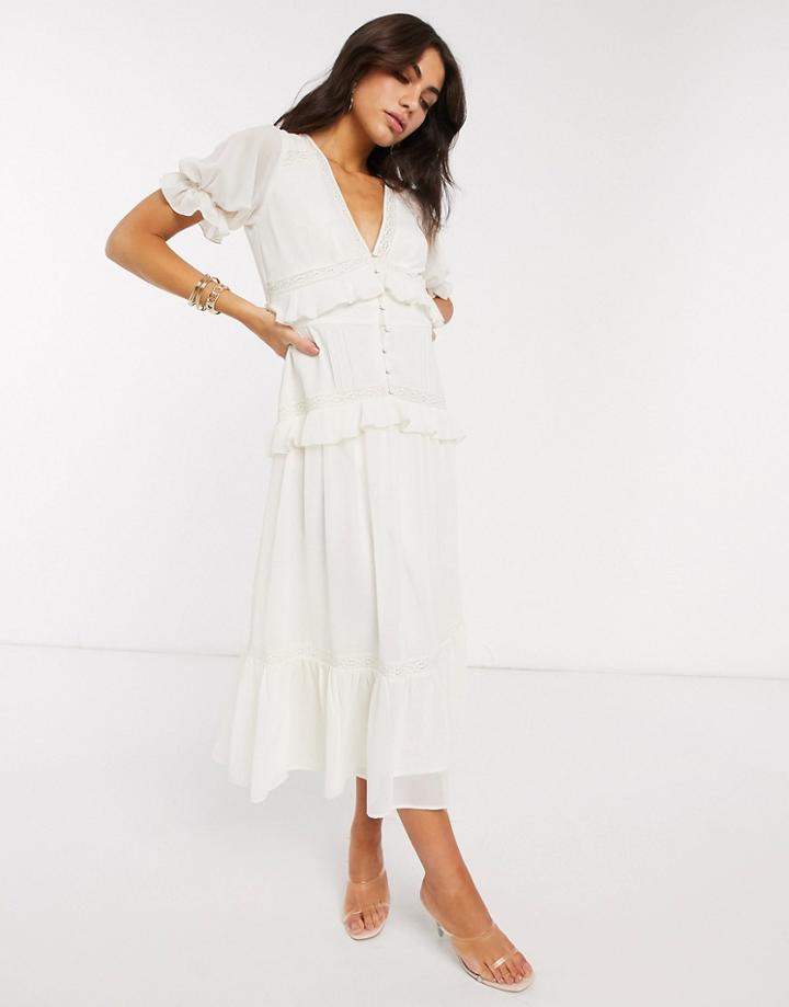 Asos Design Button Through Lace Insert Tiered Midi Dress In Ivory-white