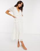 Asos Design Button Through Lace Insert Tiered Midi Dress In Ivory-white