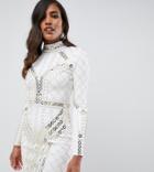 Starlet All Over Contrast Embellished Pencil Dress In White And Gold - Multi