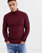 Asos Design Muscle Fit Cable Roll Neck Sweater In Burgundy-red