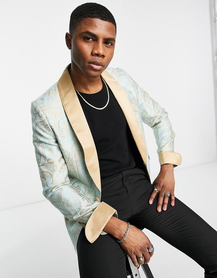 Devils Advocate Skinny Fit Tapestry Print Shawl Collar Blazer-blue