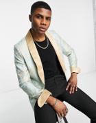 Devils Advocate Skinny Fit Tapestry Print Shawl Collar Blazer-blue