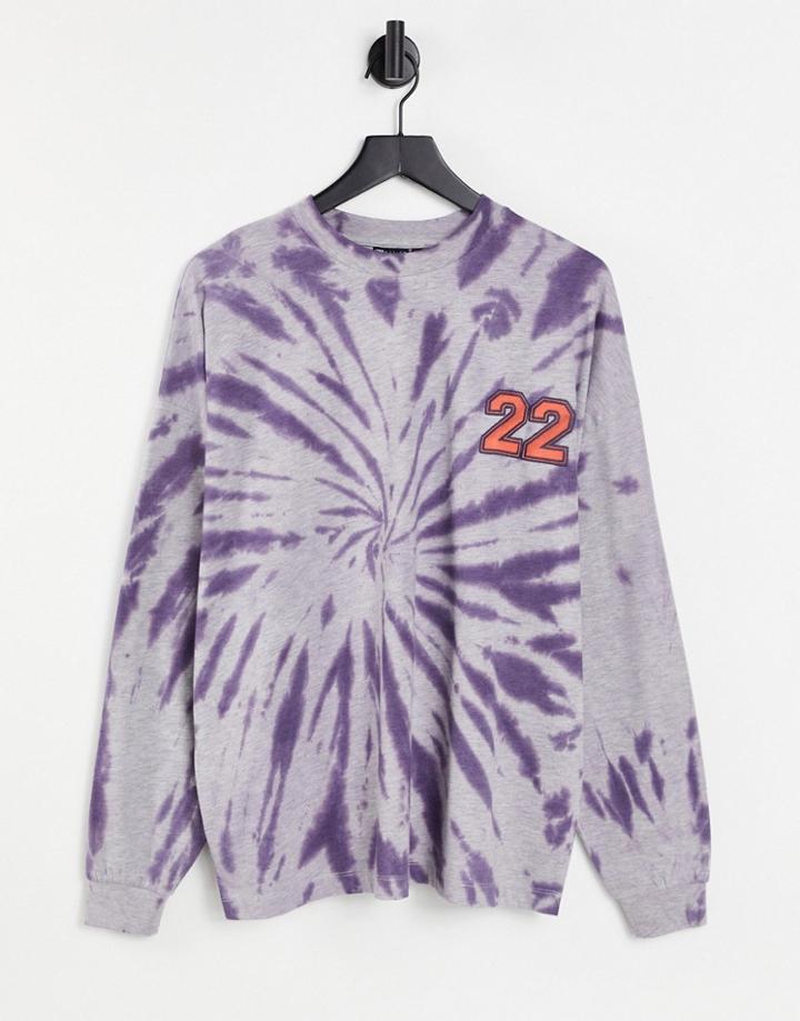 Asos Design Oversized Long Sleeve T-shirt In Purple Gray Heather Tie Dye With Chest Print-multi