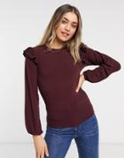 New Look Soft Ribbed Ruffle Shoulder Top In Burgundy-red