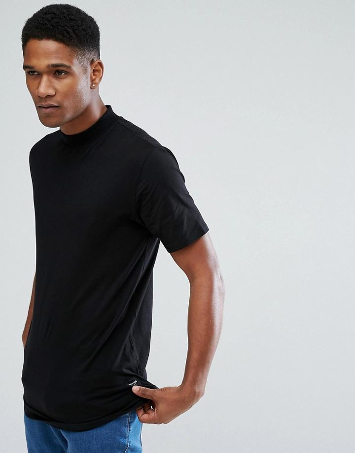 Only & Sons T-shirt With High Neck And Curved Hem Details - Black
