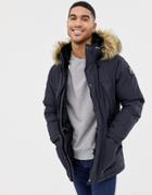 Schott Artica X Hooded Nylon Parka Jacket Detachable Faux Fur Trim Slim Fit In Navy - Navy