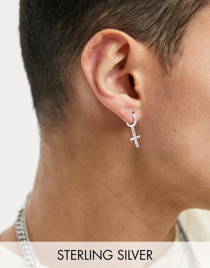 Asos Design Sterling Silver 7mm Hoop Earrings With Cross Charms In Silver