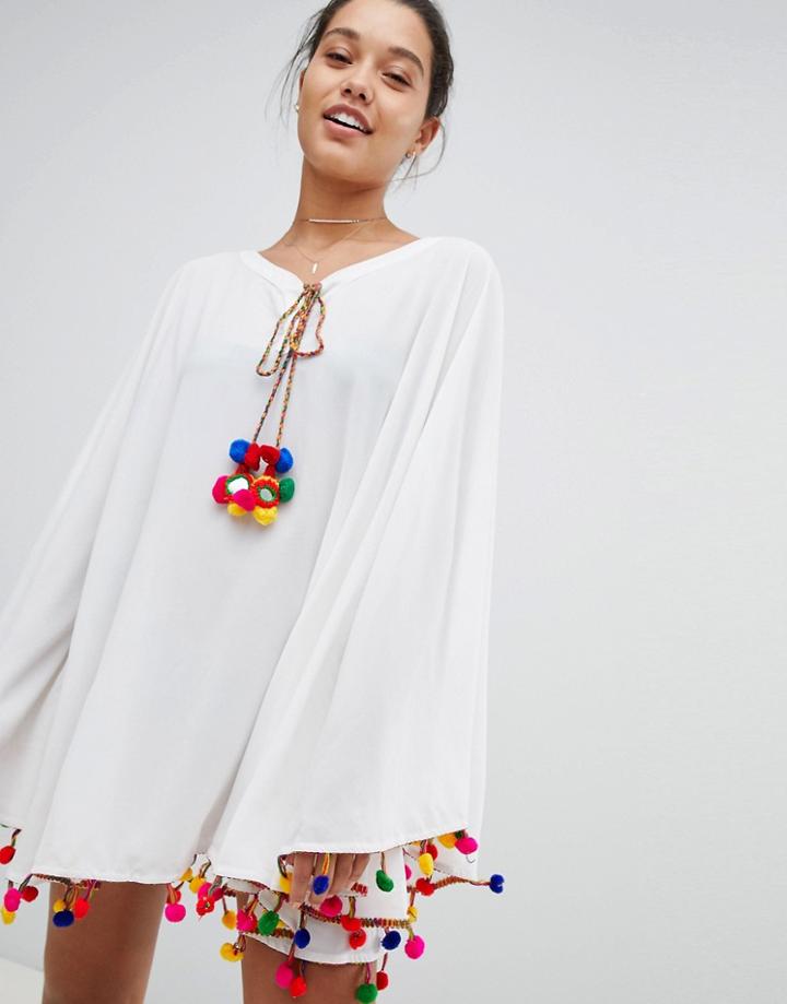 America & Beyong White Beach Caftan With Multi Pom Pom - White