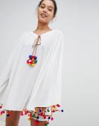 America & Beyong White Beach Caftan With Multi Pom Pom - White