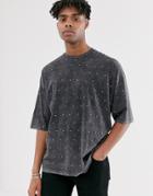 Asos Design Oversized T-shirt With Half Sleeve With Embellished Gems In Washed Black - Gray