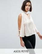 Asos Petite Cold Shoulder Satin Swing Top With Deep Plunge And Choker Detail - Beige