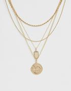 Asos Design Multirow Necklace With Worn Coin And Crystal Detail Tag Pendants In Gold - Gold