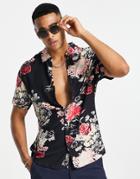 Guess Rayon Shirt In Black Pink Floral Print