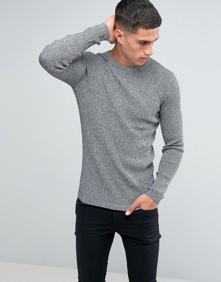 New Look Ribbed Muscle Fit Sweater In Gray - Black