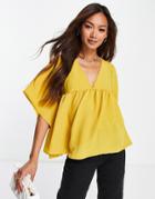 Asos Design V Neck Smock Top In Mustard Yellow