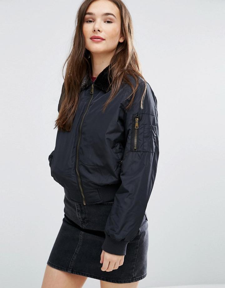 Brave Soul Bomber Jacket With Faux Fur Collar - Black