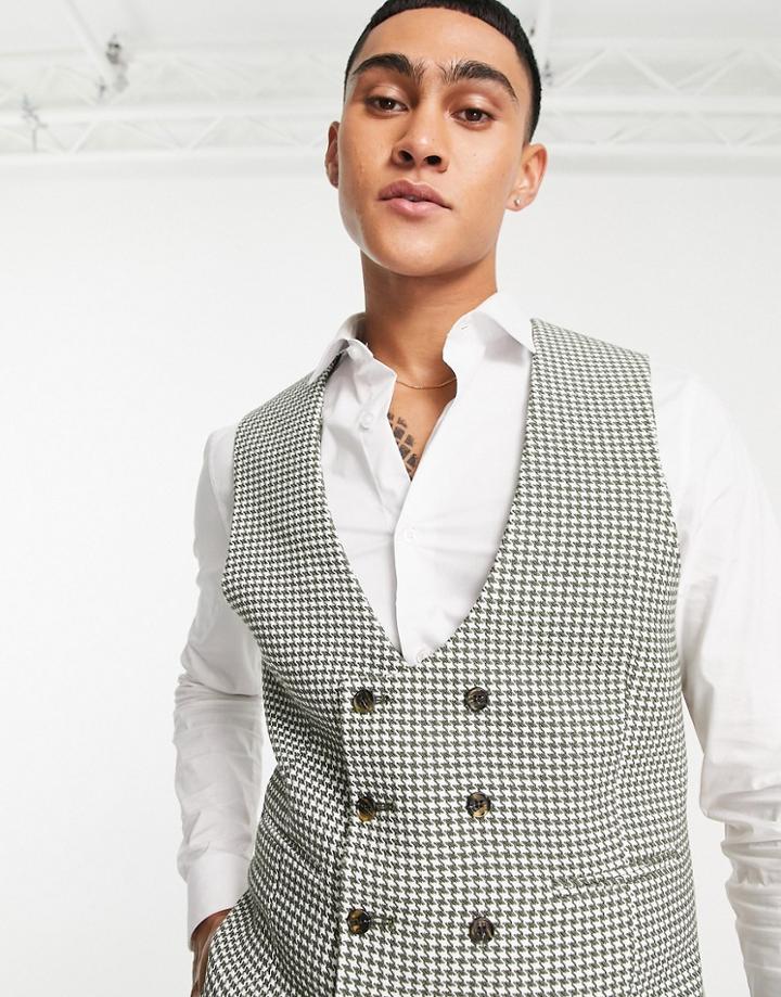 Asos Design Super Skinny Vest In Khaki Houndstooth-green