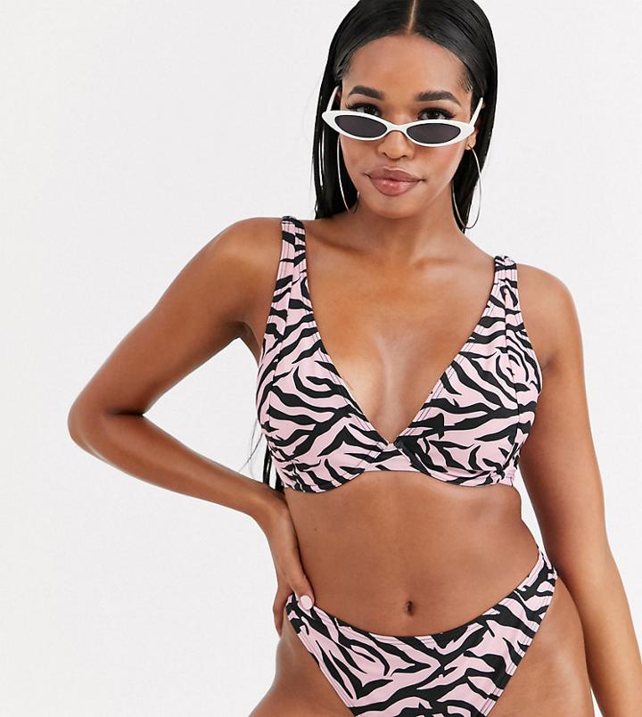 Wolf & Whistle Fuller Bust Exclusive Eco Underwired Bralette Bikini Top In Pastel Pink Zebra Dd-g
