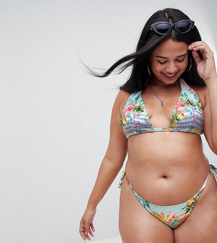 Asos Design Curve Triangle Bikini Top In Cuban Stripe Print-multi