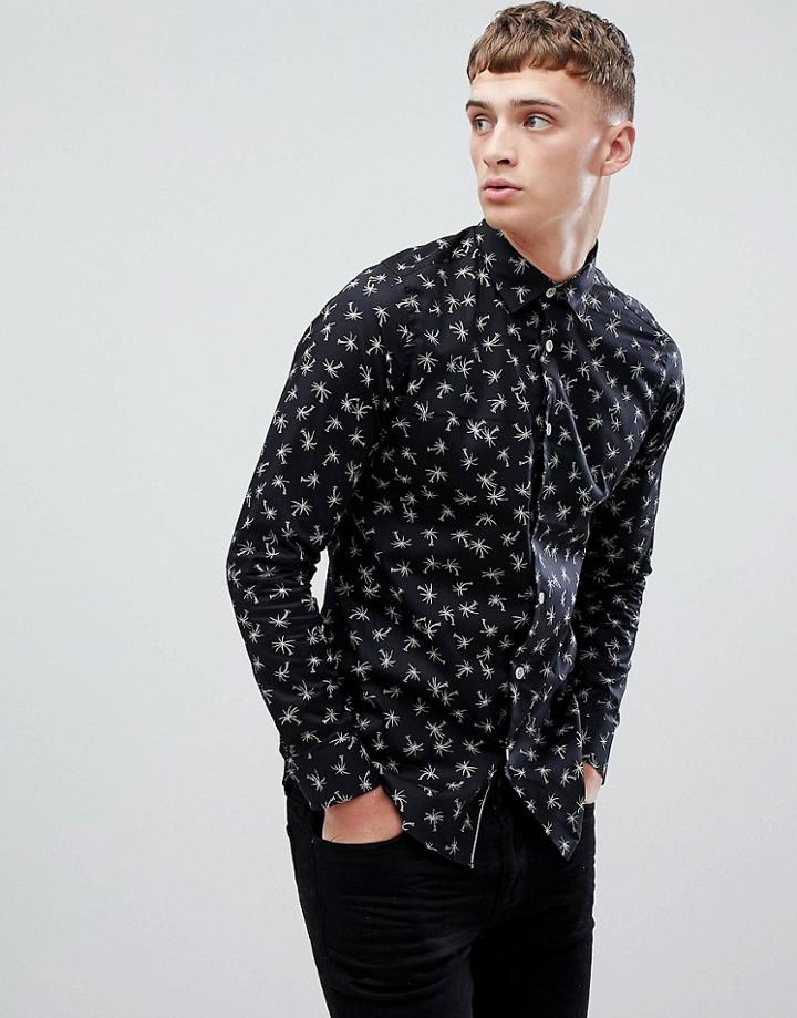 Ted Baker Slim Long Sleeve Shirt In Palm Print - Black