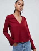 Boohoo Pleated Cuff Blouse In Burgundy - Purple