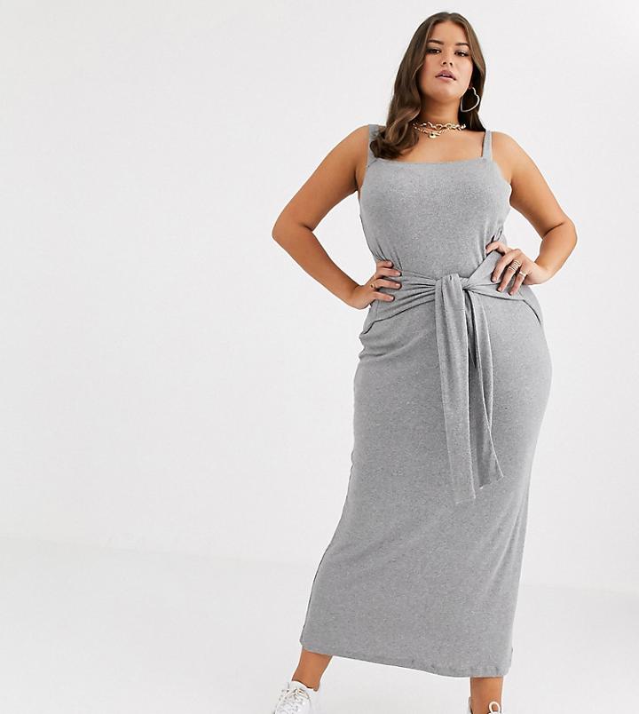 Asos Design Curve Tie Waist Rib Maxi Dress-gray