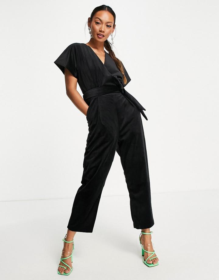 Closet London Velvet Wrap Jumpsuit In Black