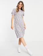 Qed London Puff Sleeve Midi Dress In Cute Floral Print-purple