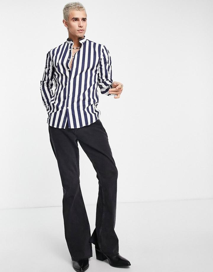 Devil's Advocate Striped Grandad Collar Slim Fit Cotton Shirt-navy