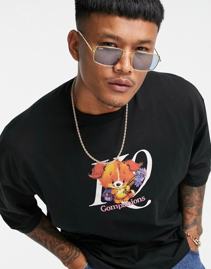 Asos Design Oversized T-shirt In Black Organic Cotton With Cartoon Puppy Print