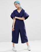 Asos White Structured Jumpsuit With Frill Sleeve - Navy
