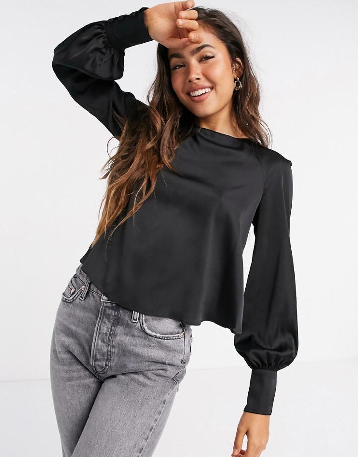 River Island Satin Luxe Balloon Sleeve Blouse In Black