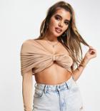 Missguided One Shoulder Knot Front Crop Top In Beige - Part Of A Set-neutral