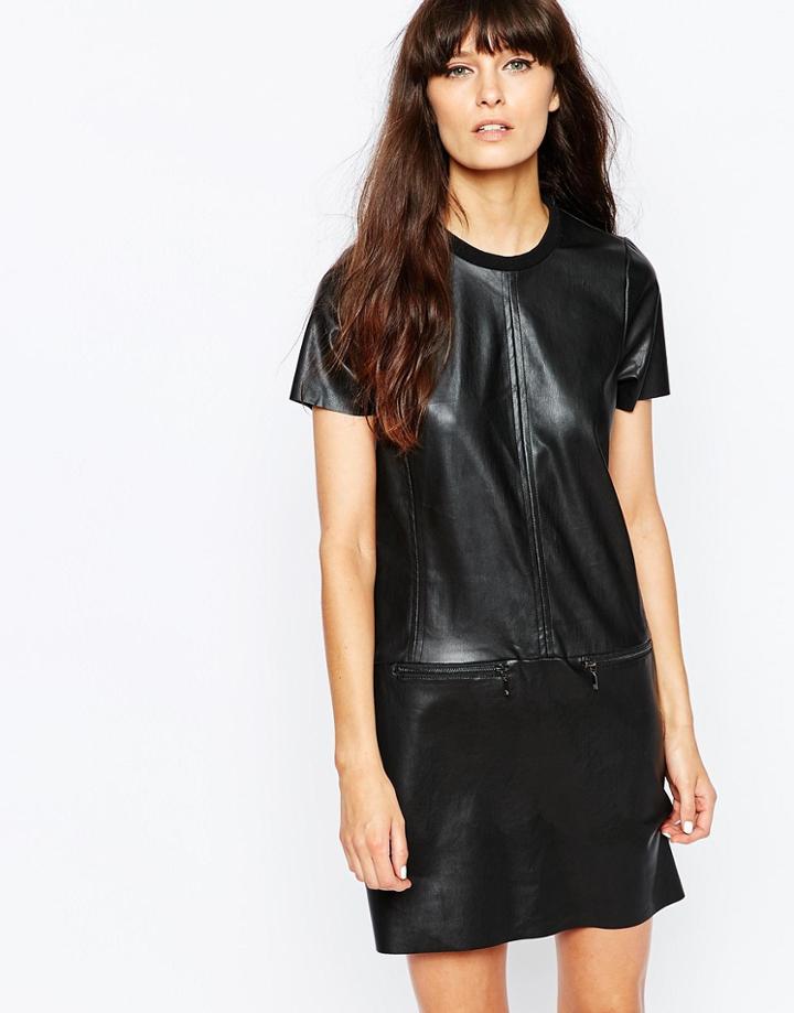 Vero Moda Leather Look Shift Dress With Zip Detailing - Black