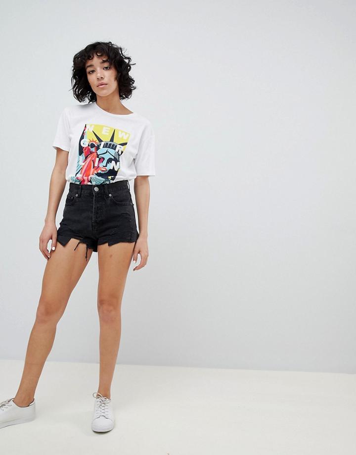 Asos Design Denim Short With Raw Hem In Washed Black With Rips - Black