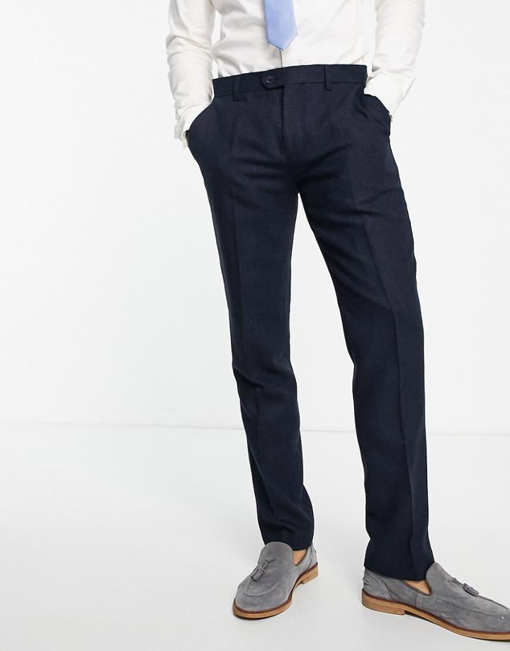 Gianni Feraud Wedding Wool Mix Navy Herringbone Slim Fit Pants